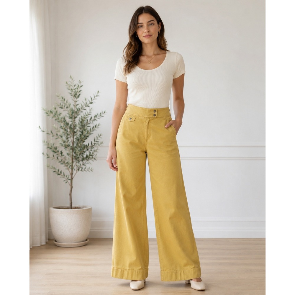 London Jean Mustard Yellow High Rise‎ Wide Leg Chino Pants Marisa Fit 2 Long